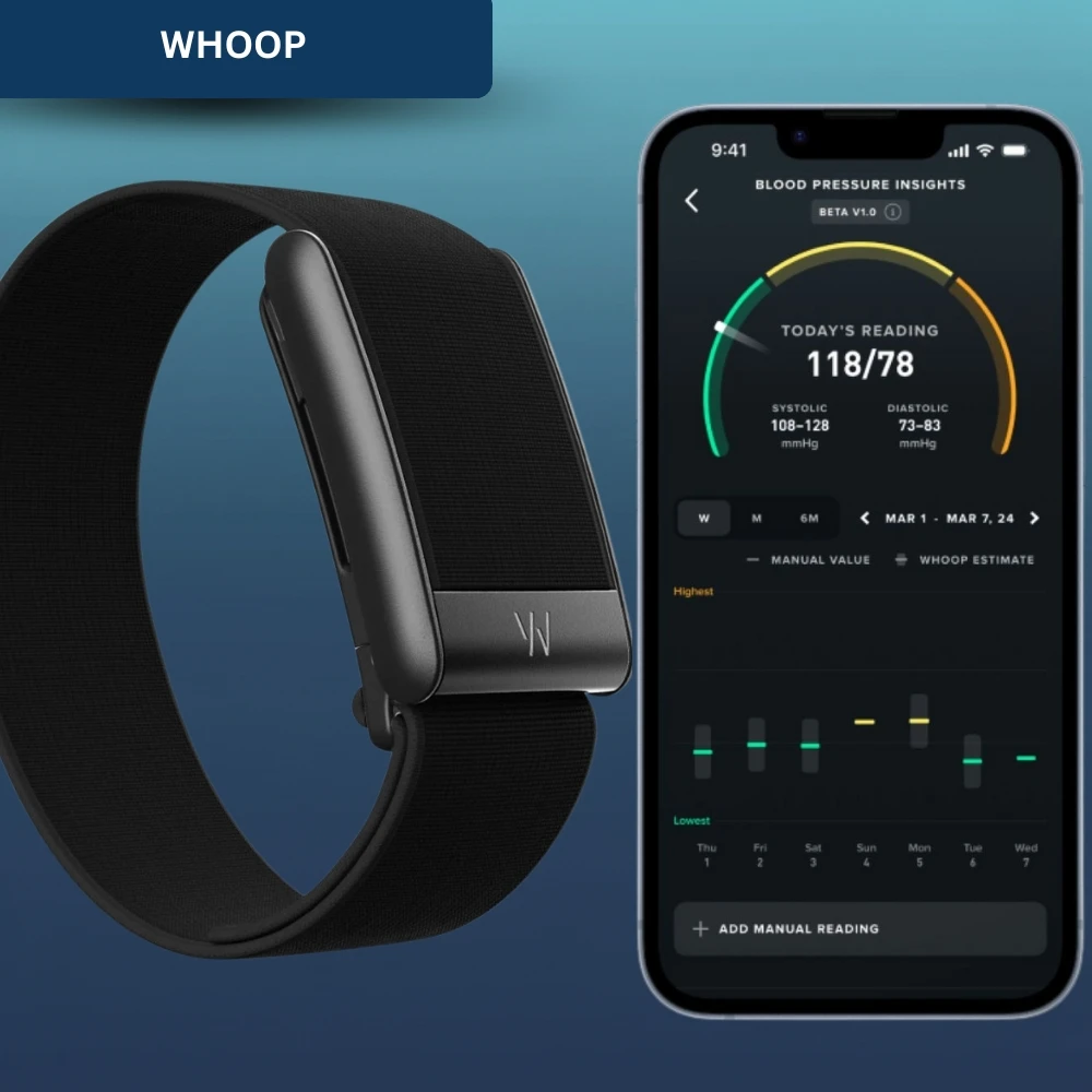 A WHOOP watch displaying recovery and strain data
