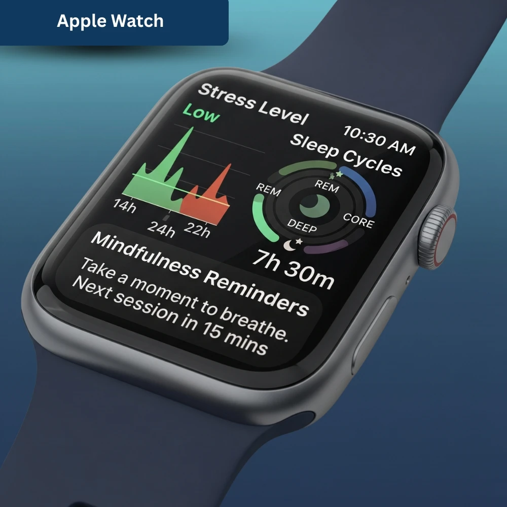 An Apple Watch tracking stress, sleep cycles, and mindfulness
