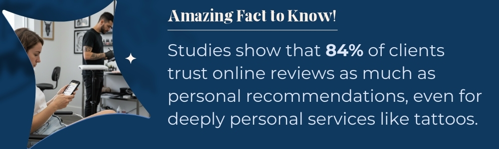 Client checking online reviews on smartphone inside tattoo studio