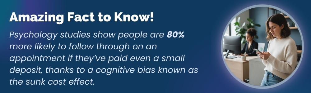 Client confirming appointment deposit payment on smartphone at reception