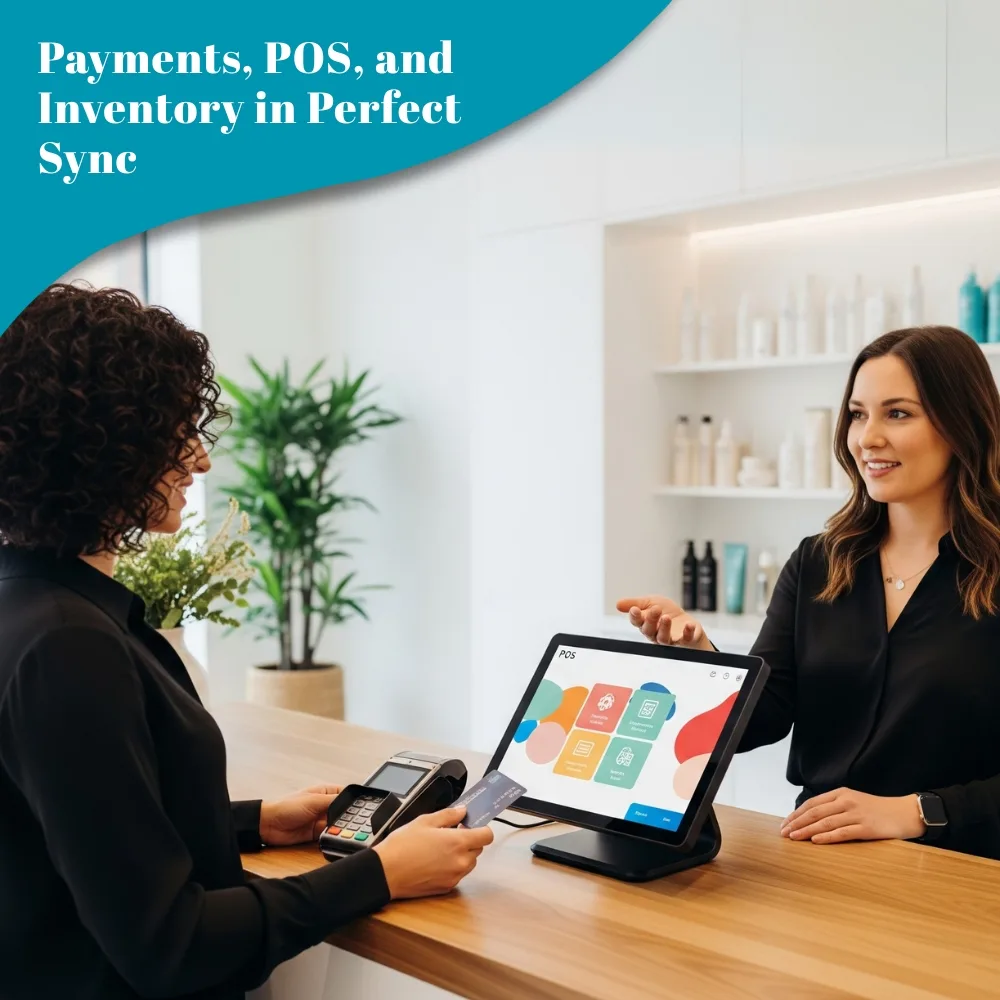 Client making seamless payment at salon checkout with digital POS