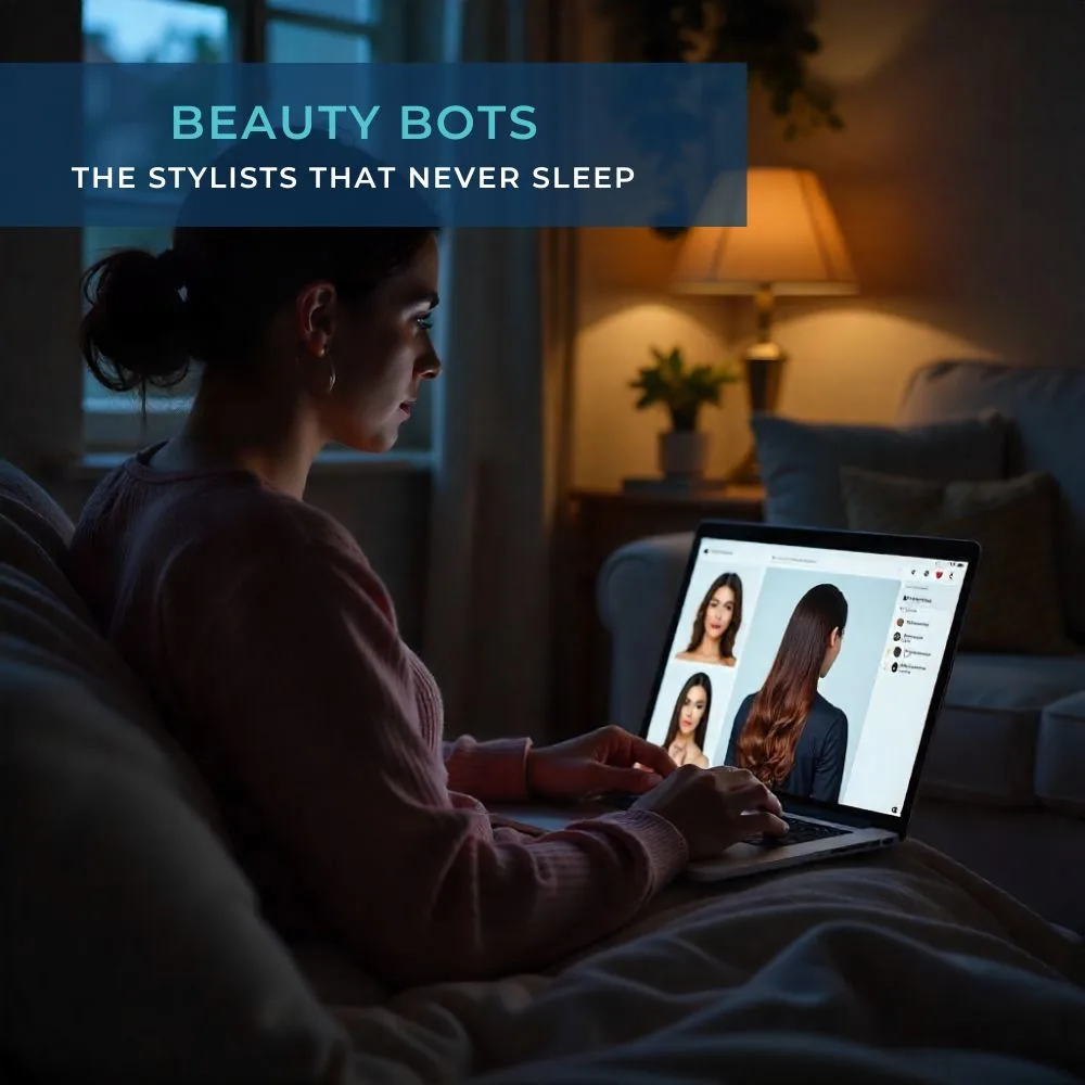 Client using virtual hairstyle filter and beauty bot at midnight