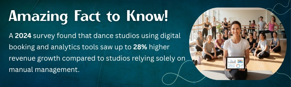 Dance instructor showing studio performance data on digital tablet