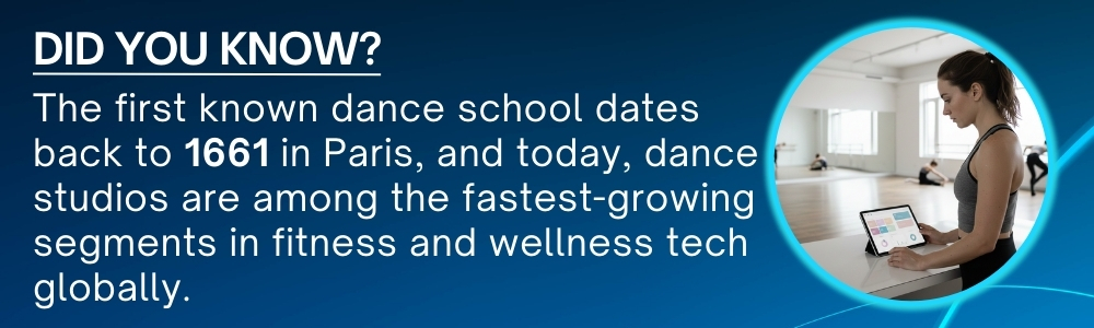 Dance studio owner reviewing class bookings on tablet inside modern studio