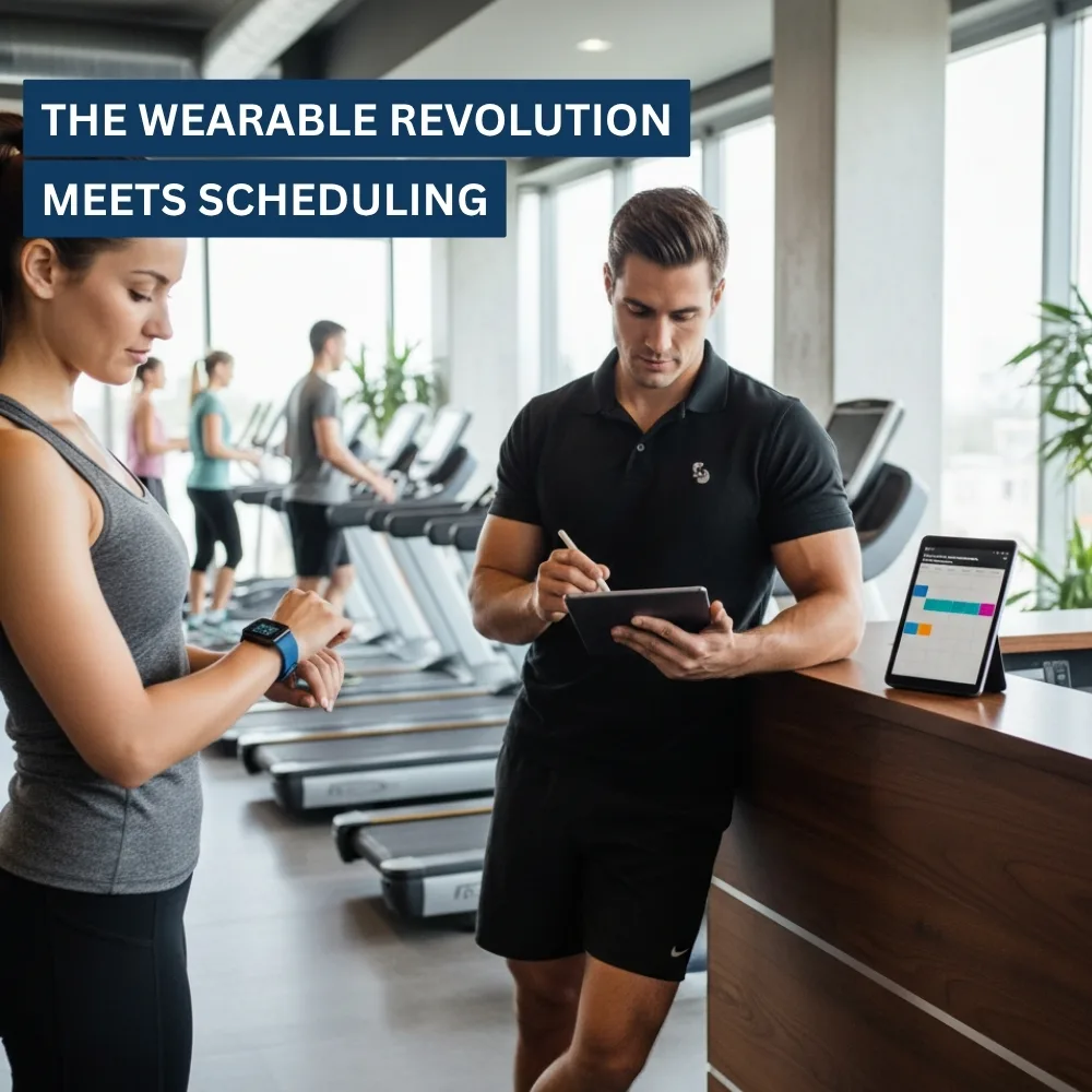 Gym member checks smartwatch syncing with trainer’s scheduling dashboard Gym member checks smartwatch syncing with trainer’s scheduling dashboard