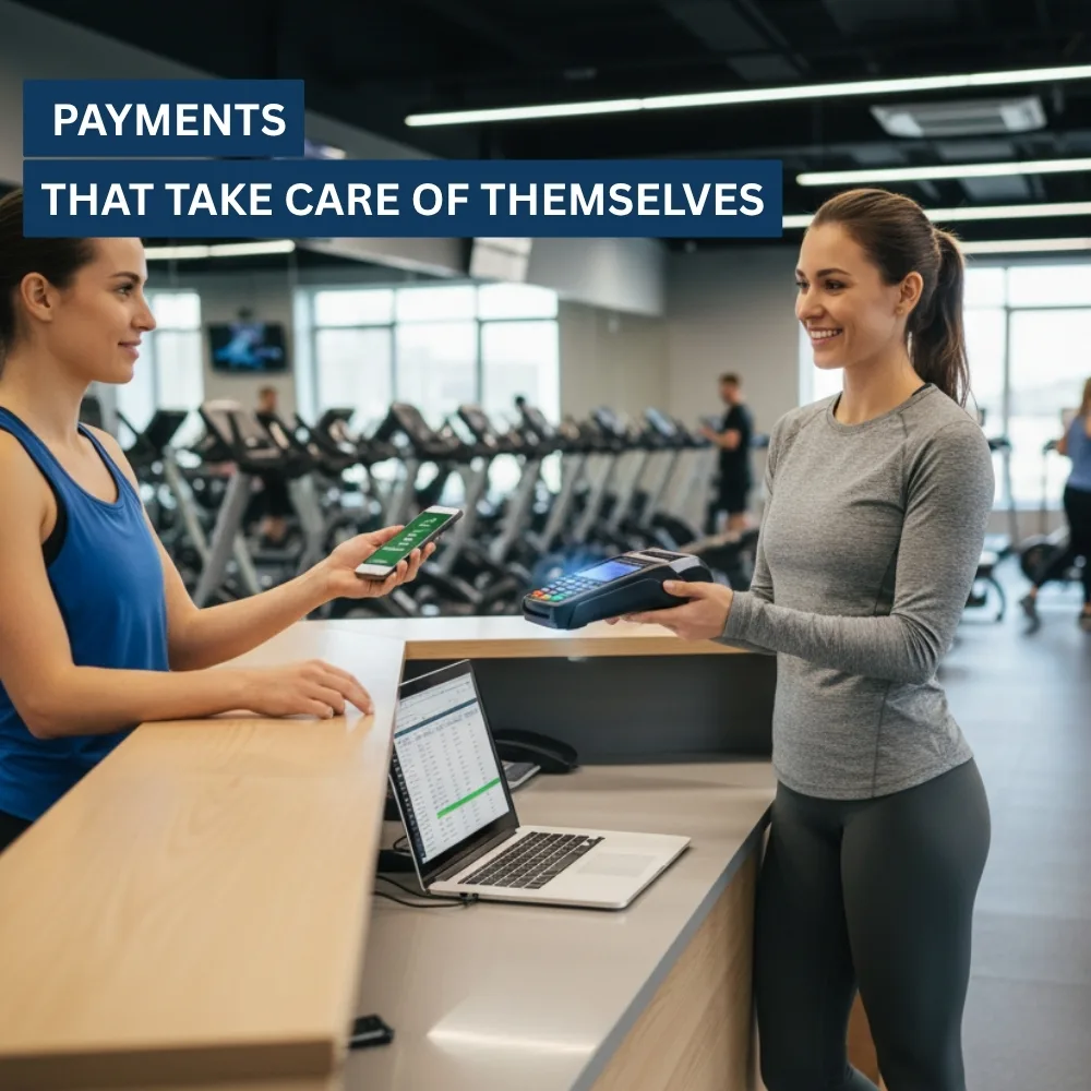 Gym member makes seamless digital payment at modern reception desk Gym member makes seamless digital payment at modern reception desk