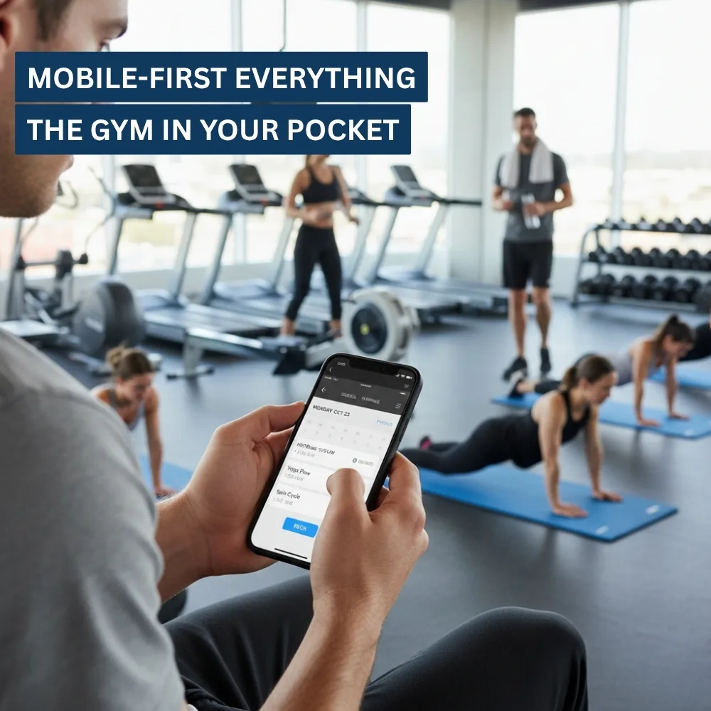 Gym member uses smartphone to book class through fitness app Gym member uses smartphone to book class through fitness app