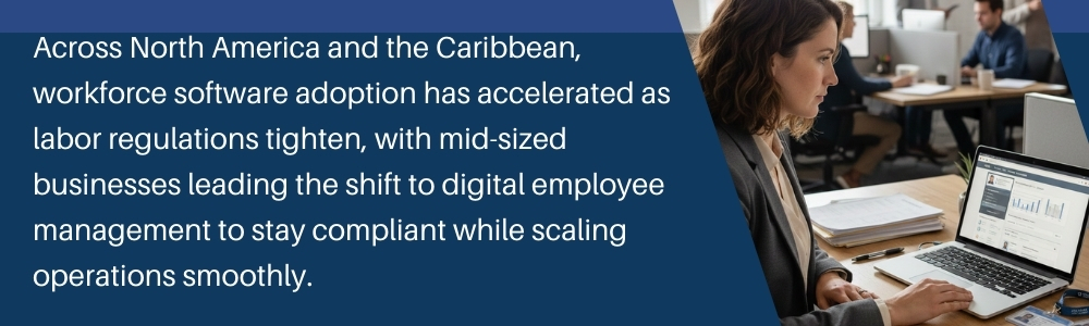 HR manager using employee management software in mid-sized corporate office