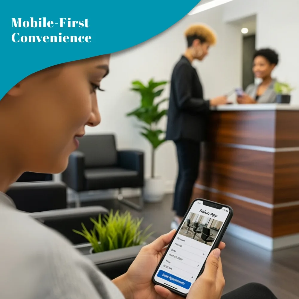 Person booking salon haircut on mobile app