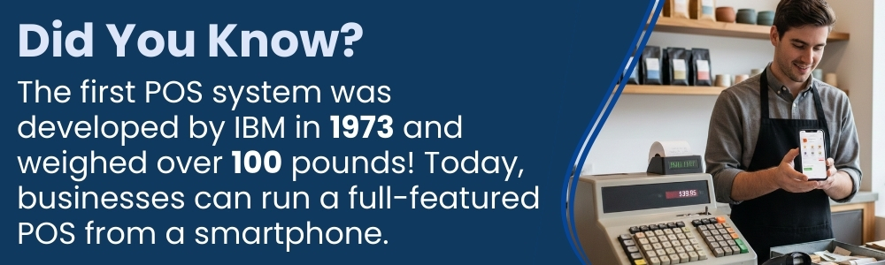 Retail staff using smartphone POS beside an old bulky POS machine