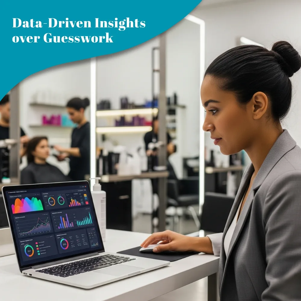 Salon manager reviewing digital dashboard with data-driven insights