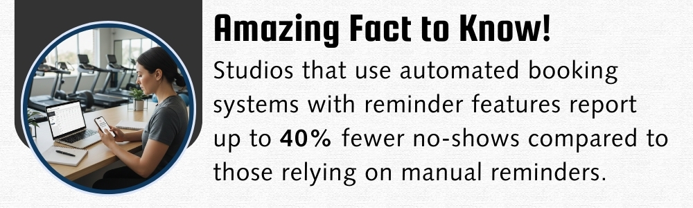 Studio receptionist checking mobile reminder notification at front desk