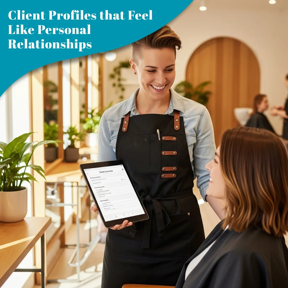 Stylist greeting client while viewing digital profile on tablet