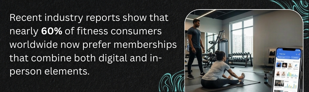 Trainer guiding gym member using smartphone fitness app during workout