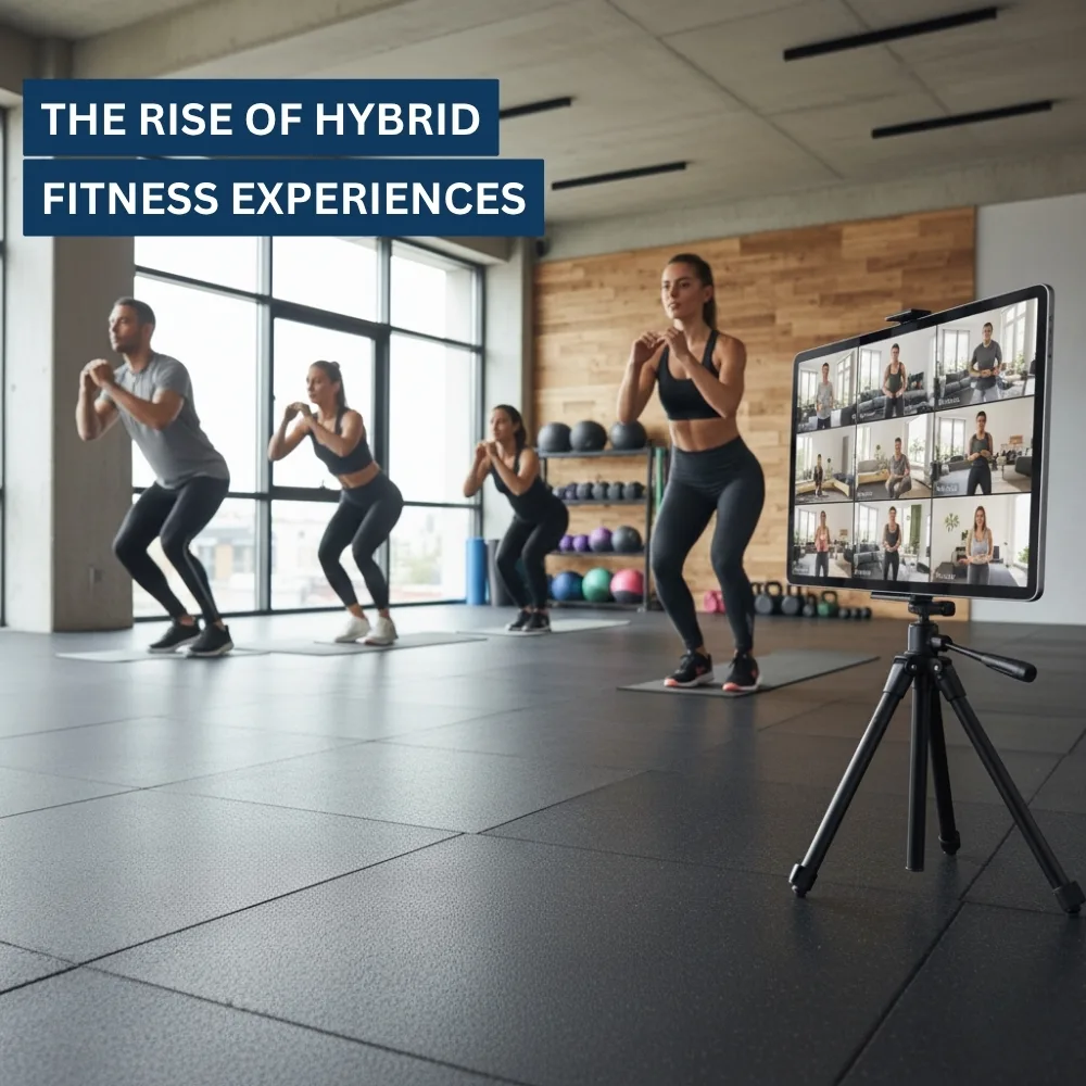 Trainer leads studio class while member joins same workout from home Trainer leads studio class while member joins same workout from home