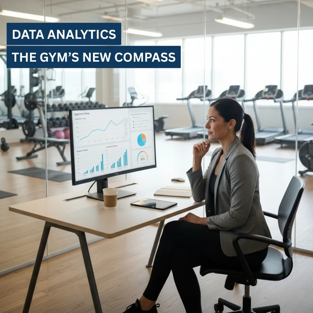 Trainer reviews fitness data and analytics dashboard in modern gym office Trainer reviews fitness data and analytics dashboard in modern gym office