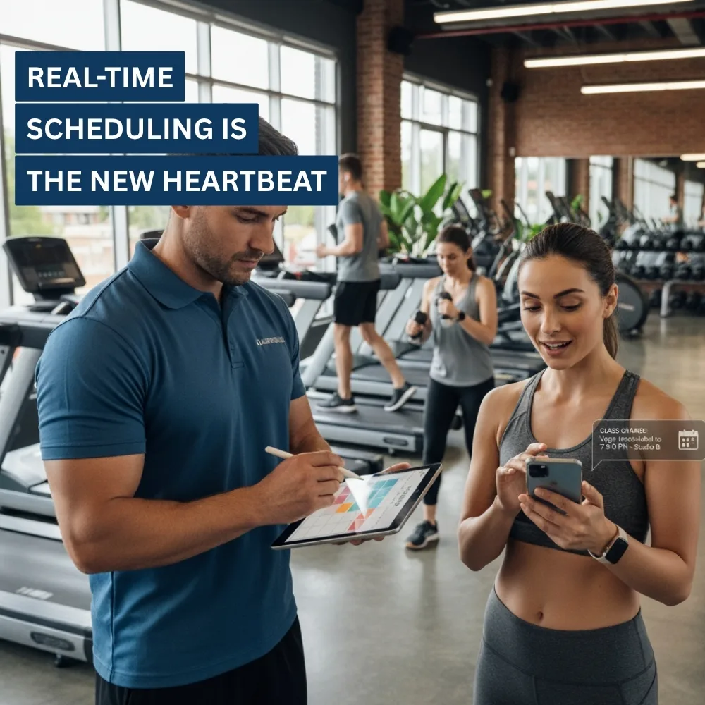 Trainer updates gym schedule as member receives instant mobile alert Trainer updates gym schedule as member receives instant mobile alert