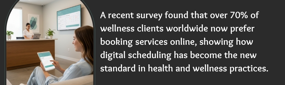 Woman booking wellness appointment online at clinic reception