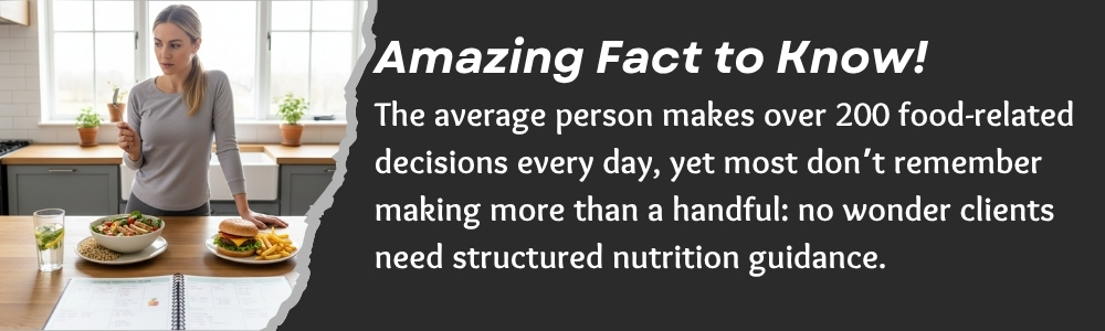 Woman choosing between healthy and unhealthy food with nutrition fact text
