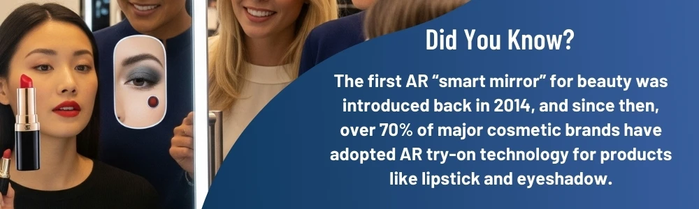 Woman using AR smart mirror to virtually try on lipstick and eyeshadow