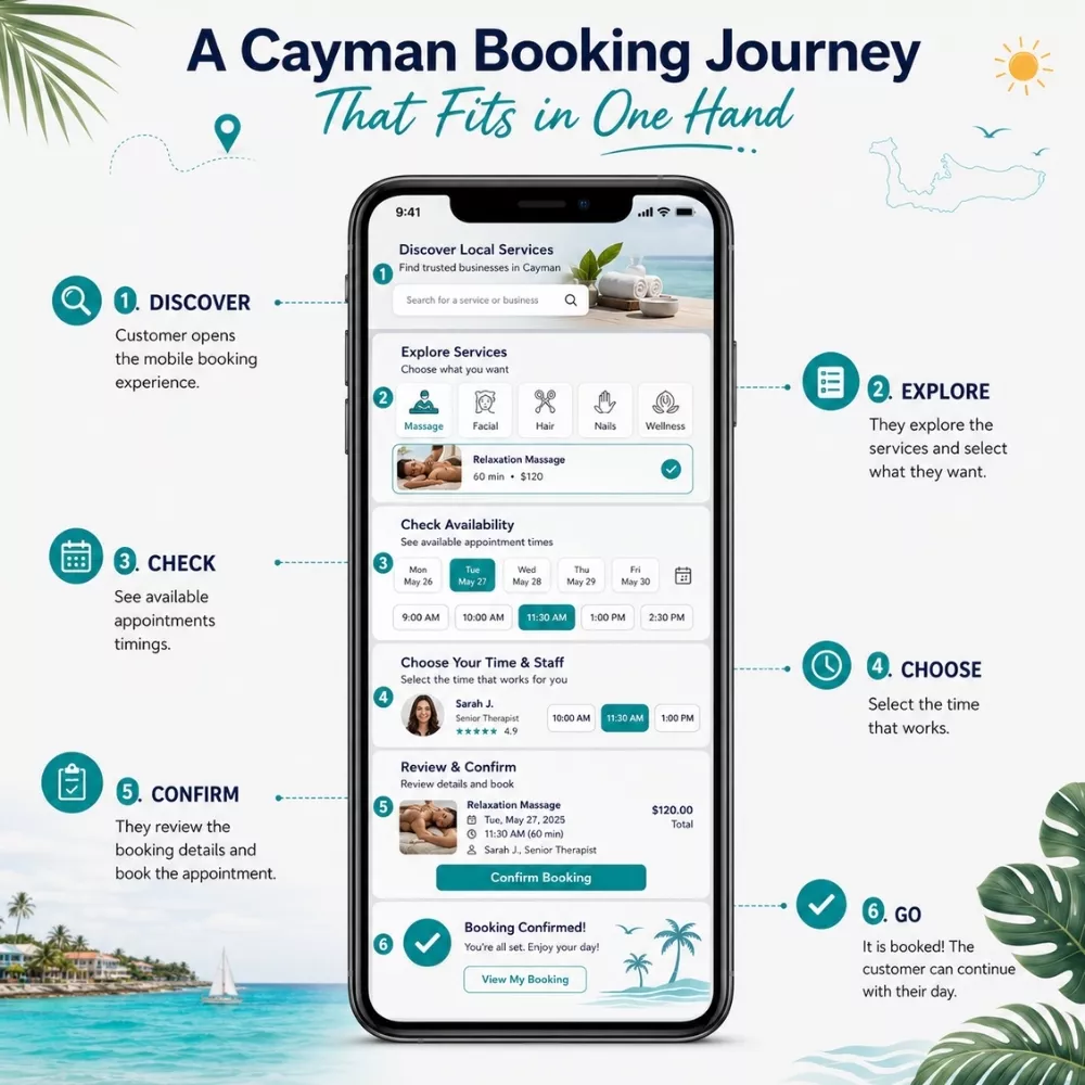 Mobile phone showing customer journey from service discovery to confirmed appointment