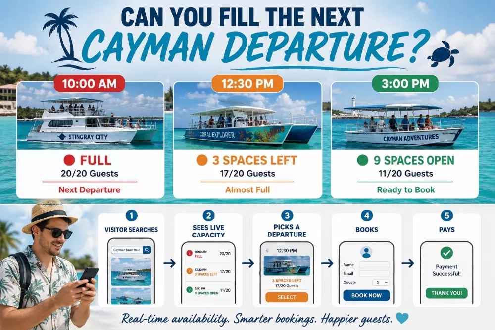 Cayman tour departures showing available spaces and mobile bookings