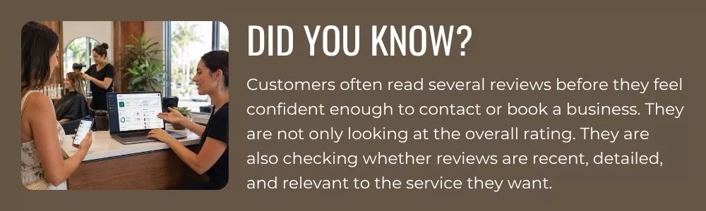Customer reading service business reviews before booking