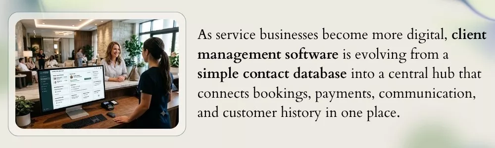 Digital client management software hub for bookings, payments, and history