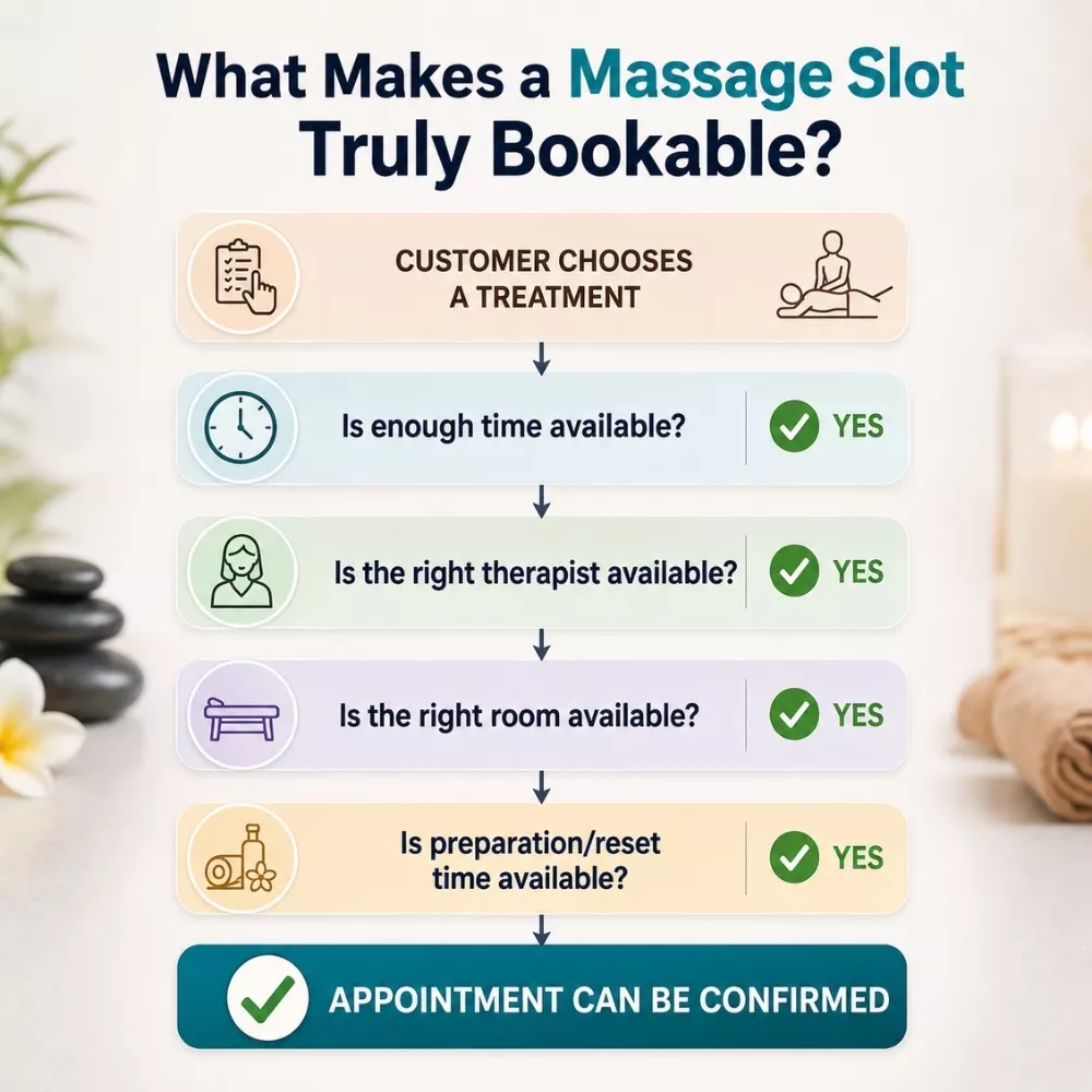 Four availability checks required before confirming a massage appointment