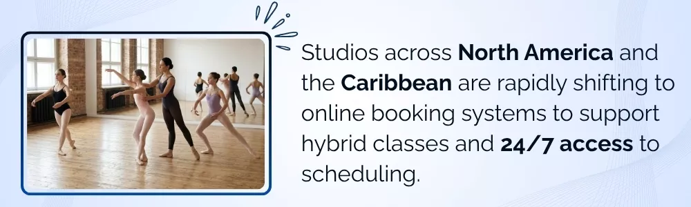 Dance studios in North America and Caribbean using online booking systems for hybrid classes