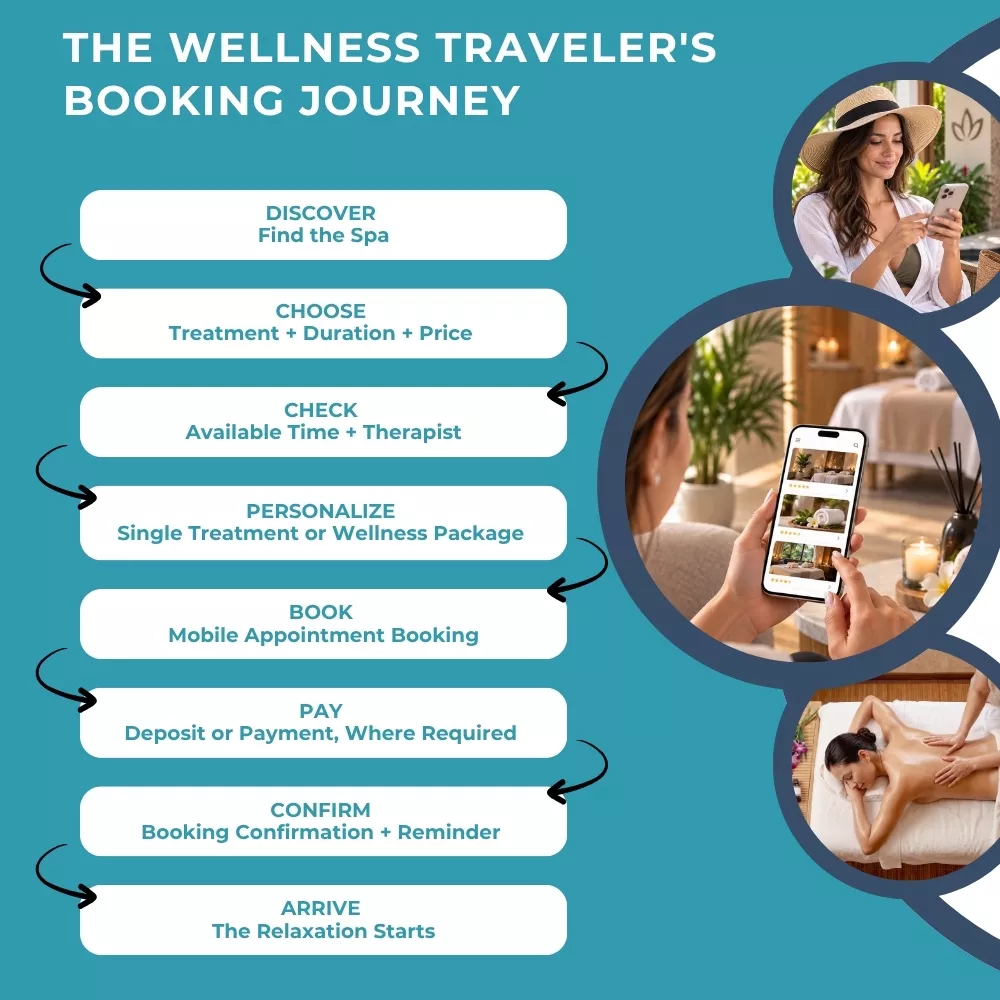 Wellness traveler journey from finding a Cayman spa to confirming an appointment online.