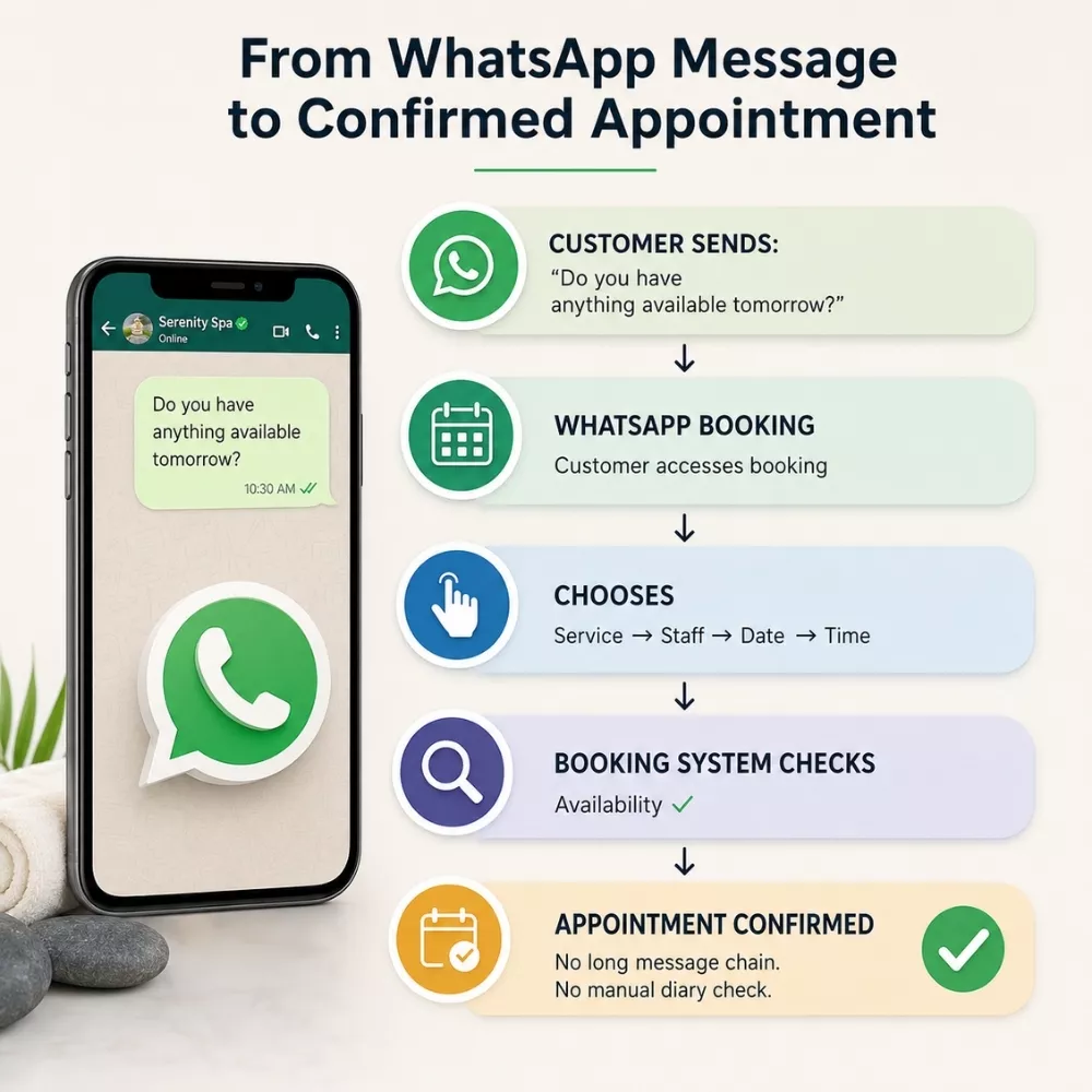 WhatsApp enquiry moving through online booking to appointment confirmation