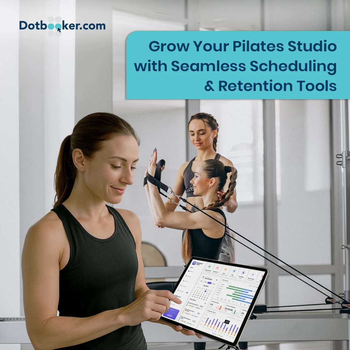 Pilates instructor managing class bookings with scheduling software in a studio