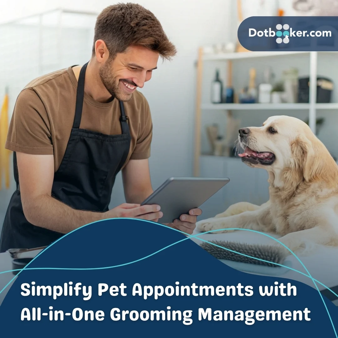Pet groomer using appointment software in a busy studio