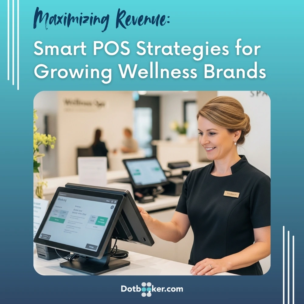 Wellness studio owner using smart POS software client checkouts and rebookings