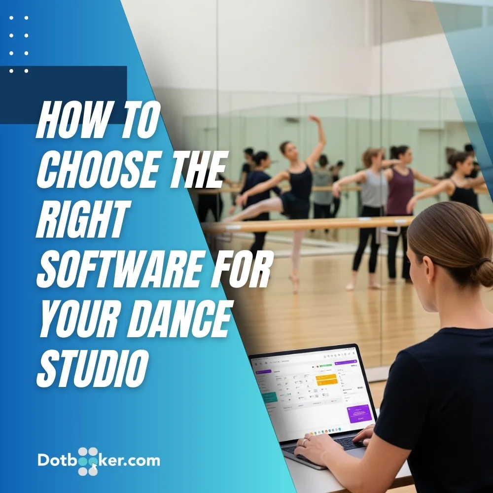 Dance studio manager using software with dancers practicing