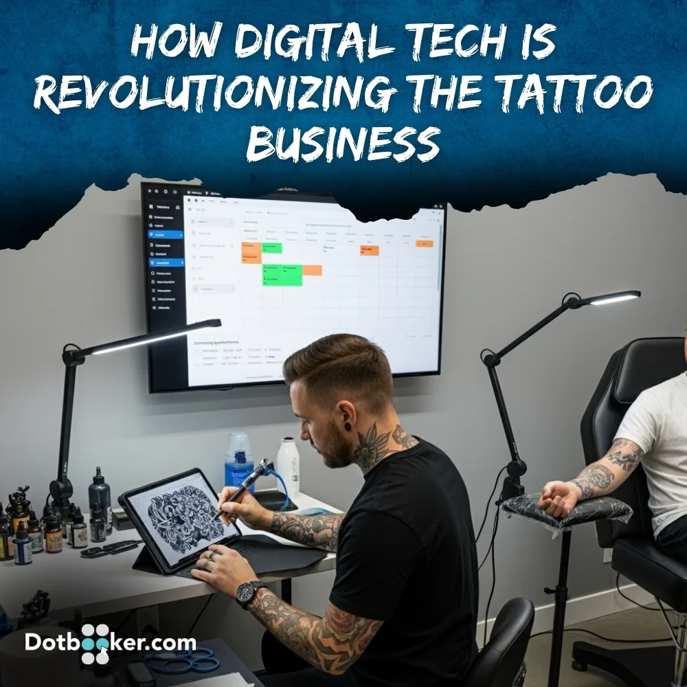 Tattoo artist using a tablet with digital booking and AR design tools in a modern studio