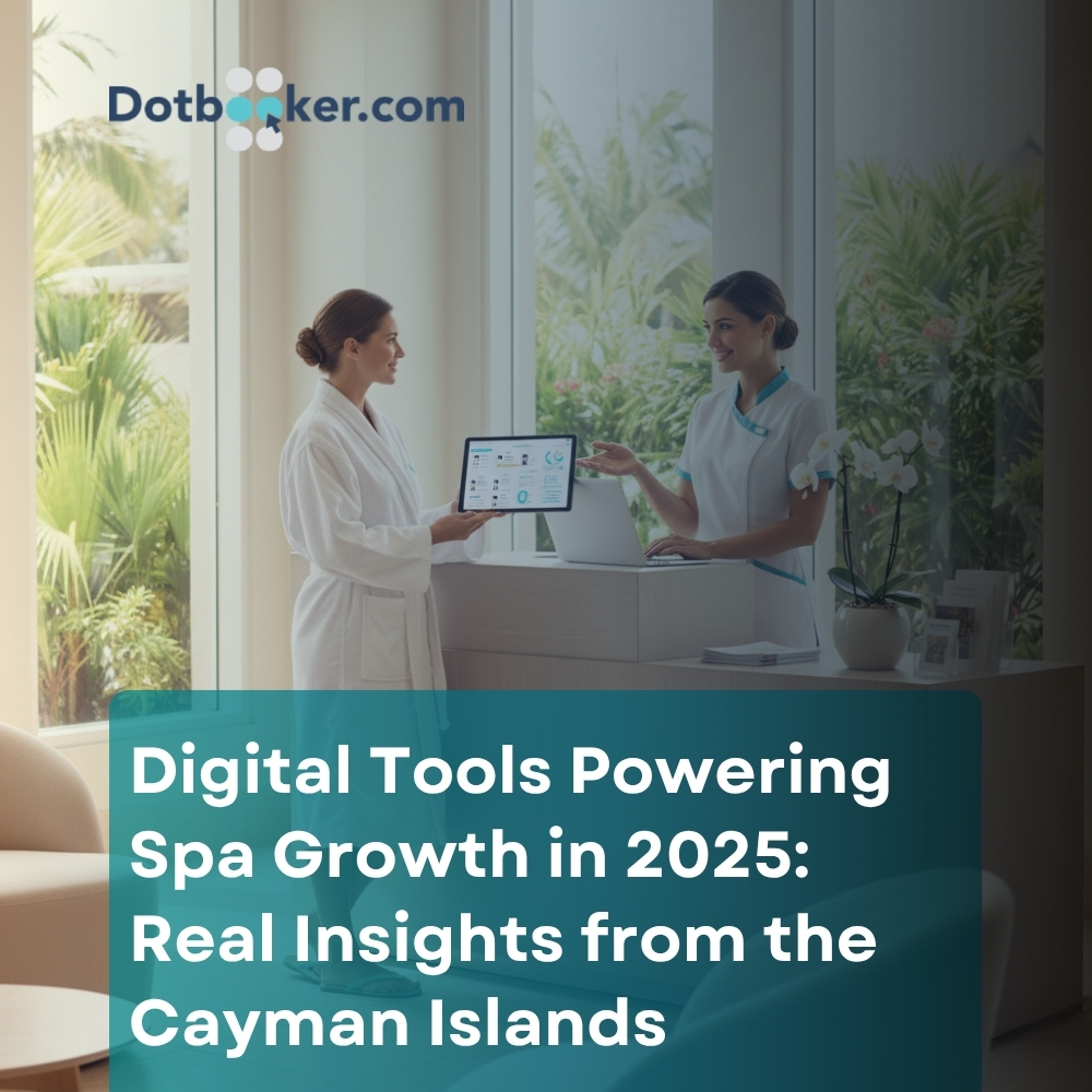 Spa manager using digital scheduling software to enhance client experience in 2025