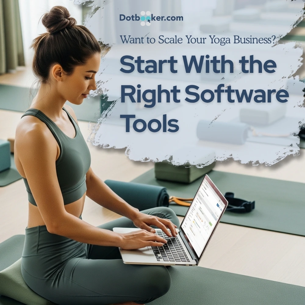 Yoga studio manager using software to organize bookings and classes