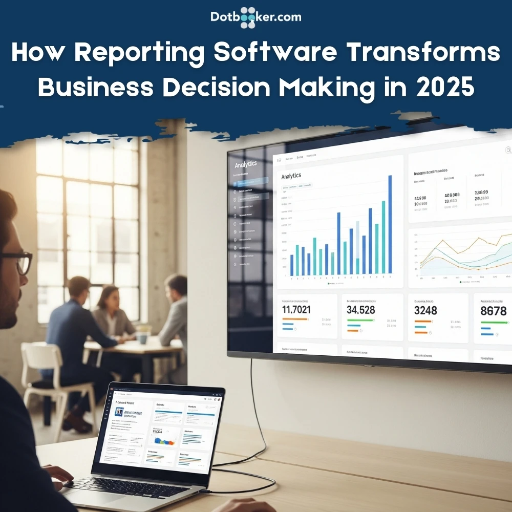 Business team reviewing a live dashboard with reporting software for real-time insights