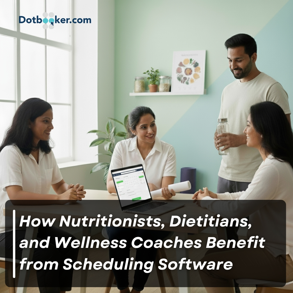 Nutritionist consulting a client using scheduling software on a tablet