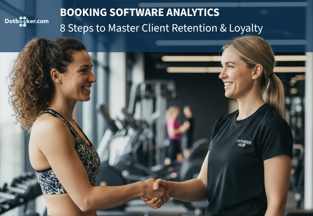 Receptionist analyzing booking software analytics to improve client retention