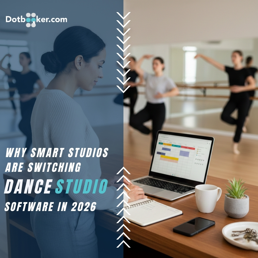 Dance studio owner reviewing class bookings with modern studio software