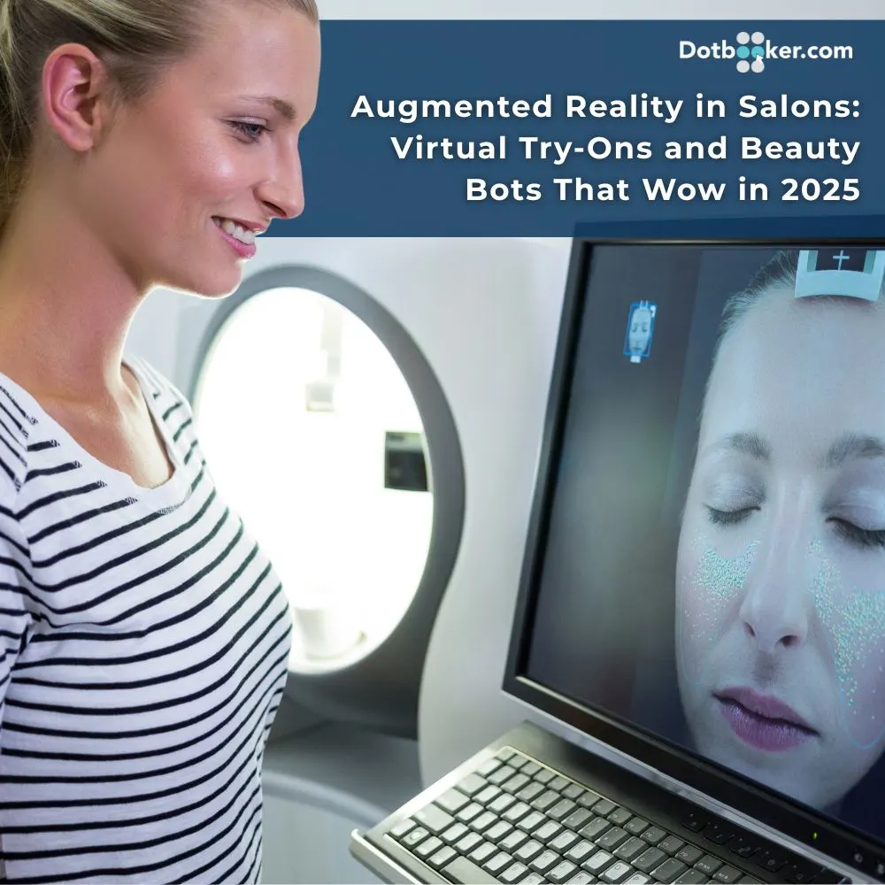 Clients using AR mirrors and beauty bots for virtual try-ons in salon