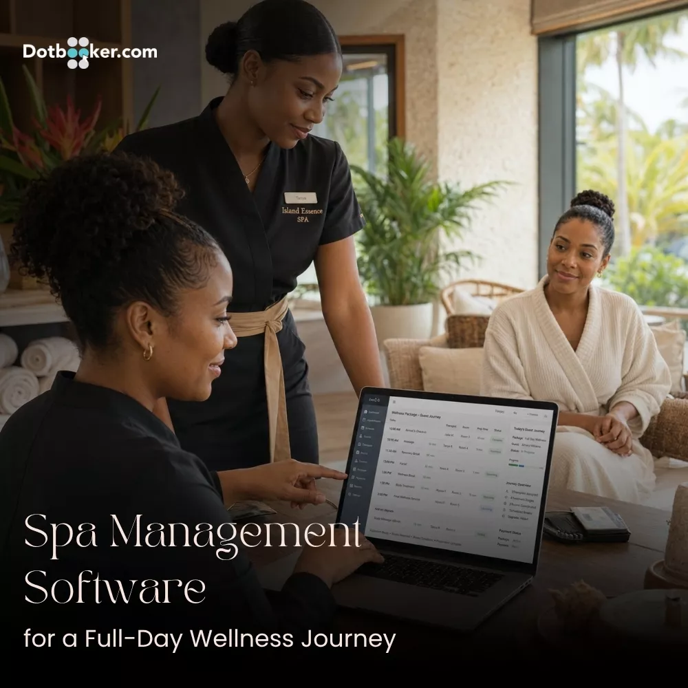 Spa management software coordinating multi-treatment wellness packages and therapist schedules