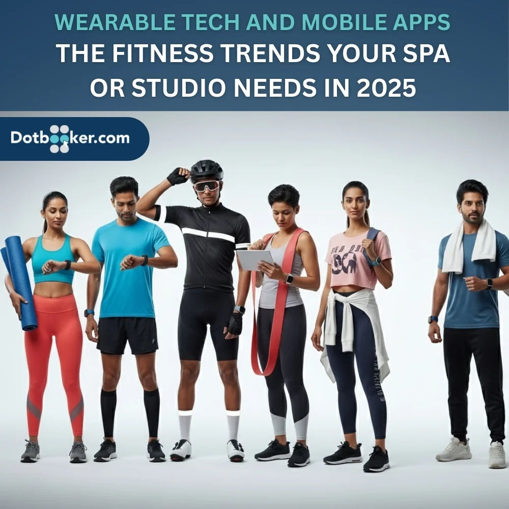 Wearable tech and apps in a modern spa or fitness studio 2025